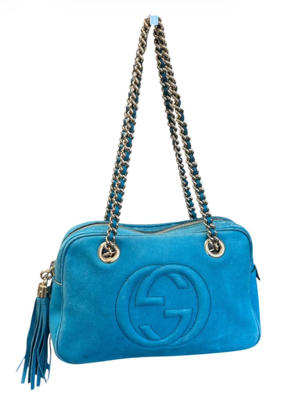 Gucci Soho Chain Strap Suede Leather Medium Bowler Bag Teal Blue Gold
